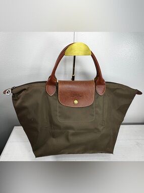 Longchamp Le Pliage Large Tote Olive Green Nylon Brown Leather Authentic
